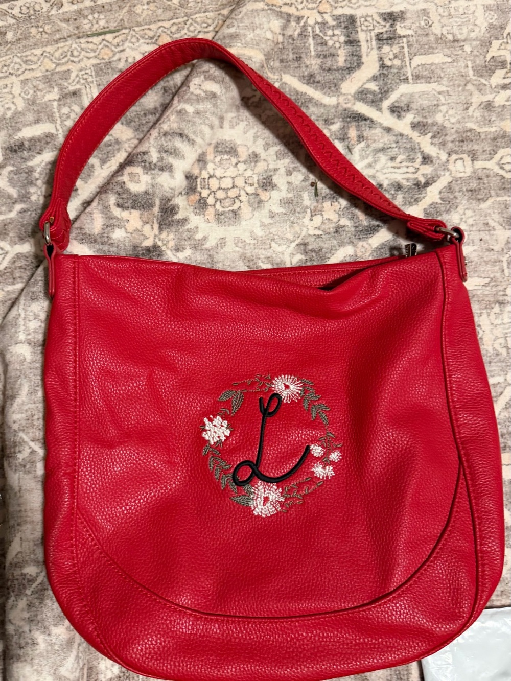 thirty-one Red Leather Shoulder Bag with Embroidered Floral Wreath